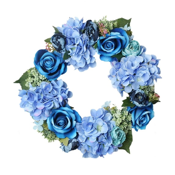 Hapeisy Blue Summer Door Flower Wreath 17.7 Inch Handmade Vintage Artificial Flowers Garland Front Door Wreath Beautiful Silk Hydrangea