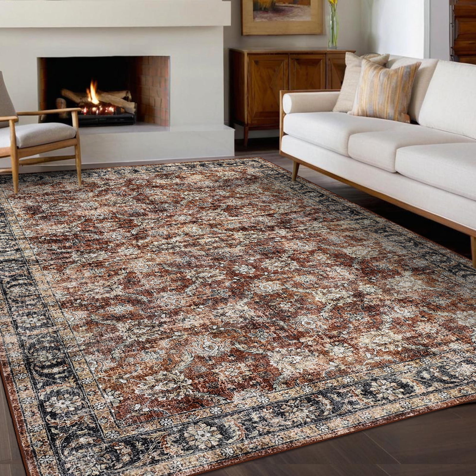 Haperlare 10'x13' Vintage Floral Area Rug Soft Oriental Carpet, Washable Rug Non Slip TPR Backing Low Pile Rugs for Living Room Bedroom Home Office, Red