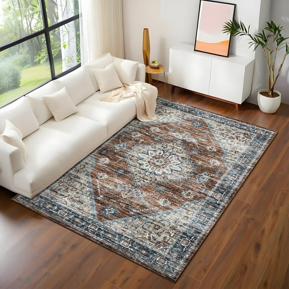 Haperlare 10'x13' Vintage Medallion Area Rug Boho Carpet, Washable Rug Ultra Soft Distressed Carpet with Non Slip Backing for Living Room Bedroom Home Decor, Red