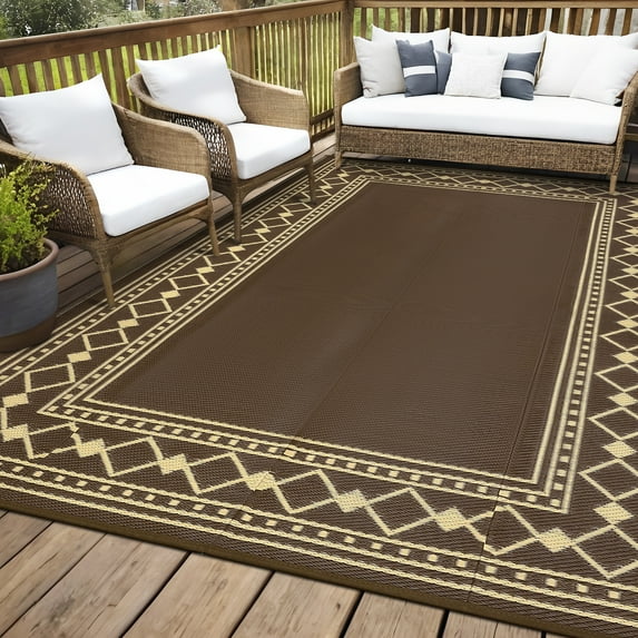 Haperlare 10x14 Outdoor Rug Geometric Bordered Waterproof Camping Carpet, Reversible Plastic Straw Rug for Patio Porch RV Deck Entryance Picnic Balcony Beach, Brown
