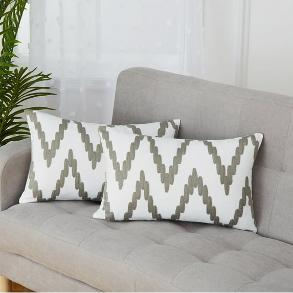 Haperlare 12"x20" Farmhouse Throw Pillow Covers Wave Striped Throw Cushion Cases Rectangular Pillowcases for Sofa Couch, Gray/White, Pack of 2