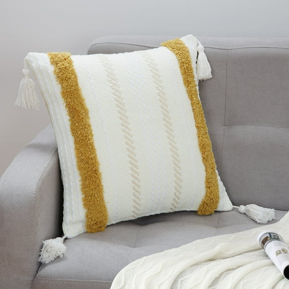 Haperlare 18"x18" Boho Throw Pillow Cover for Sofa Cotton Woven Tufted Decorative Farmhouse Pillow Case with Tassels, Yellow