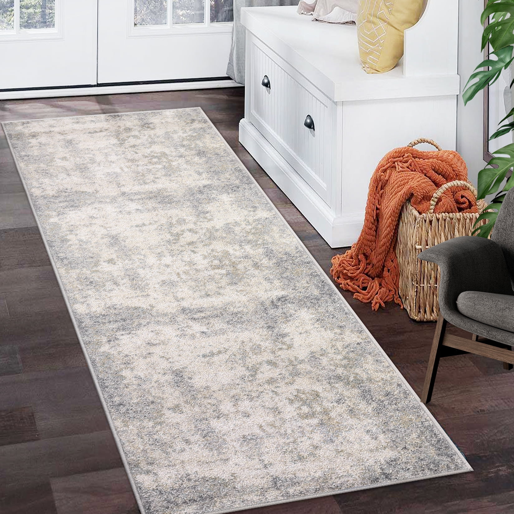Gray Abstract Washable Synthetic Runner Rug