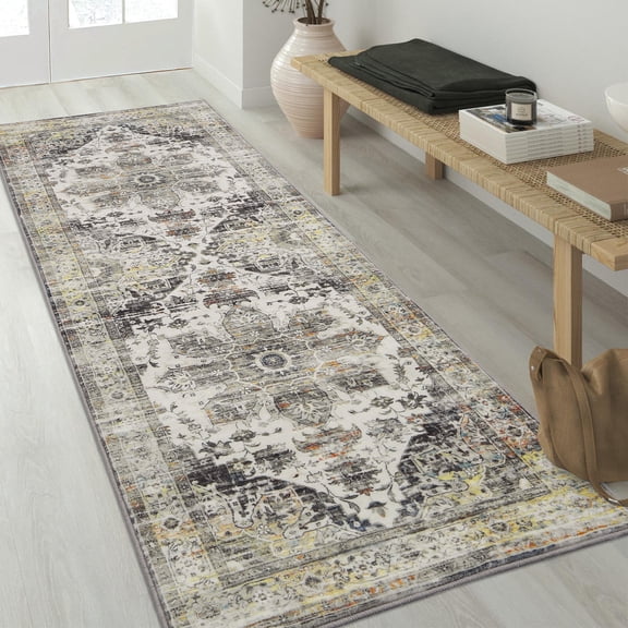 Haperlare 2' x 6' Hallway Rug Soft Persian Rug for Entryway Washable Anti Slip Antiqued for Living Room Kitchen Bathroom, Gray