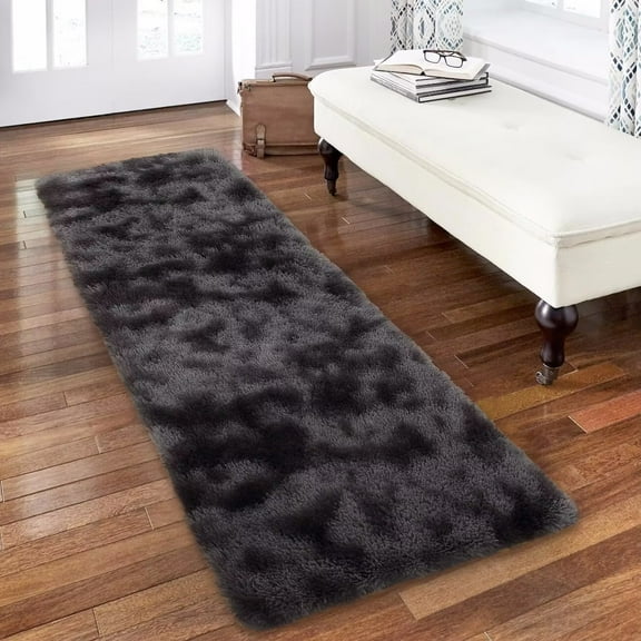 Haperlare 2' x 6' Shag Runner Rug Shaggy Fluffy Rug Indoor Non-Slip Hallway Runner Rug Modern Floor Carpet for Laundry Room Kitchen, Black Gray