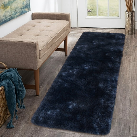 Haperlare 2' x 6' Shag Runner Rug Shaggy Fluffy Rug Indoor Non-Slip Hallway Runner Rug Modern Floor Carpet for Laundry Room Kitchen, Navy Blue