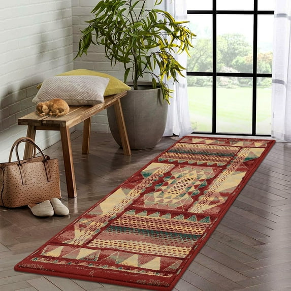Haperlare 2 x 8 Hallway Runner Rug Indoor Colorful Area Rug Non-Slip Kitchen Runner Rug Modern Abstract Area Rug for Living Room Bedroom Laundry Nursery, Multi/Red
