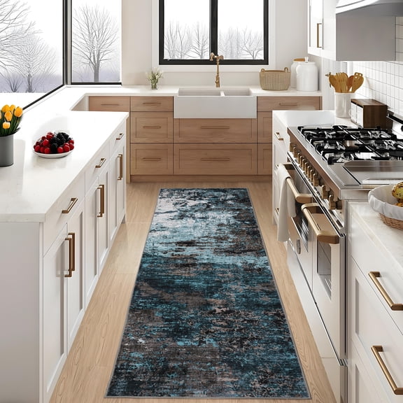 Haperlare 2'x6' Abstract Rug Modern Distressed Indoor Carpet with Non Slip Backing, Washable Area Rug Soft Lightweight Floor Mats for Hallway Bedroom Kitchen, Blue Green