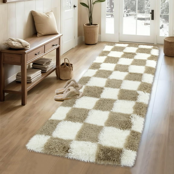 Haperlare 2'x6' Checkered Shag Rug Fluffy Area Rug Carpet, Non-Slip Non-Shedding Indoor Rug Fuzzy Shaggy Floor Mats for Living Room Bedroom Dining Room, Brown Colorful