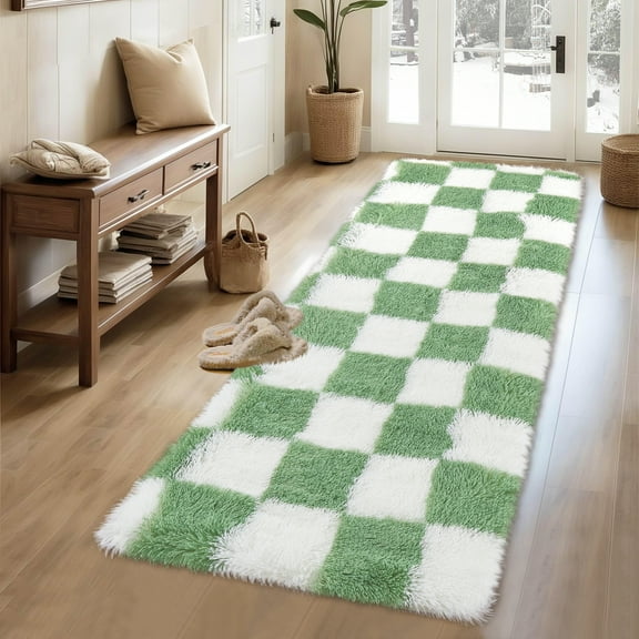 Haperlare 2'x6' Checkered Shag Rug Fluffy Area Rug Carpet, Non-Slip Non-Shedding Indoor Rug Fuzzy Shaggy Floor Mats for Living Room Bedroom Dining Room, Green