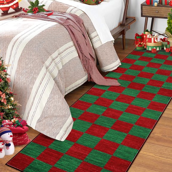 Haperlare 2'x6' Christmas Runner Rug Checkered Decorative Carpet, Non-Slip Washable Rug Stain-Resistant Low Pile Floor Mats for Hallway Bedroom Home Decor, Red Green