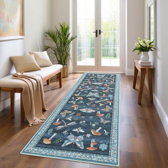 Haperlare 2'x6' Floral Print Runner Rug Machine Washable Rug with Non-Slip Backing, Soft Low Pile Rugs Stain-Resistant Indoor Carpet for Hallway Entryway Bedroom Playroom, Blue