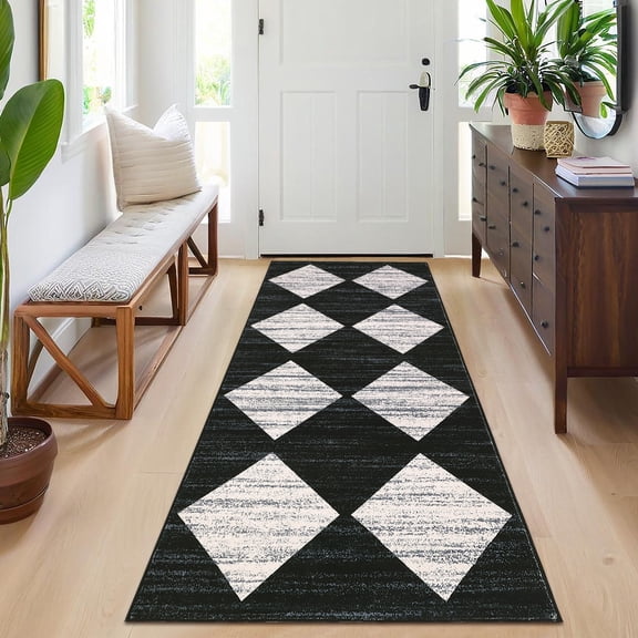 Haperlare 2'x6' Geometric Diamond Runner Rug, Washable Rug Stain Resistant Indoor Carpet With Non-Slip Backing, Soft Low Pile Rug for Entryway Laundry Bathroom Bedside, Black