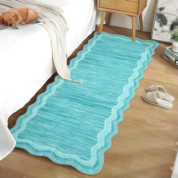 Haperlare 2'x6' Modern Solid Color Area Rug Scalloped Carpet, Machine Washable Rug Non-Slip Low Pile Indoor Mats for Hallway Bedroom Kitchen, Blue Green
