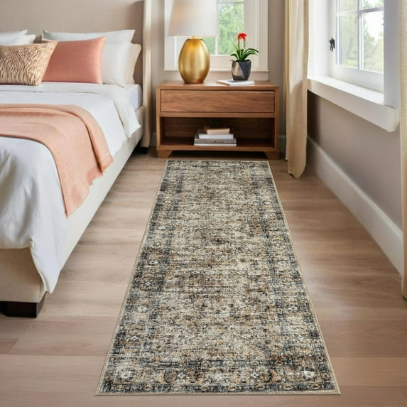 Haperlare 2'x6' Vintage Floral Runner Rug Soft Oriental Carpet, Washable Rug Non Slip TPR Backing Low Pile Rugs for Hallway Entryway Bedroom Playroom, Brown