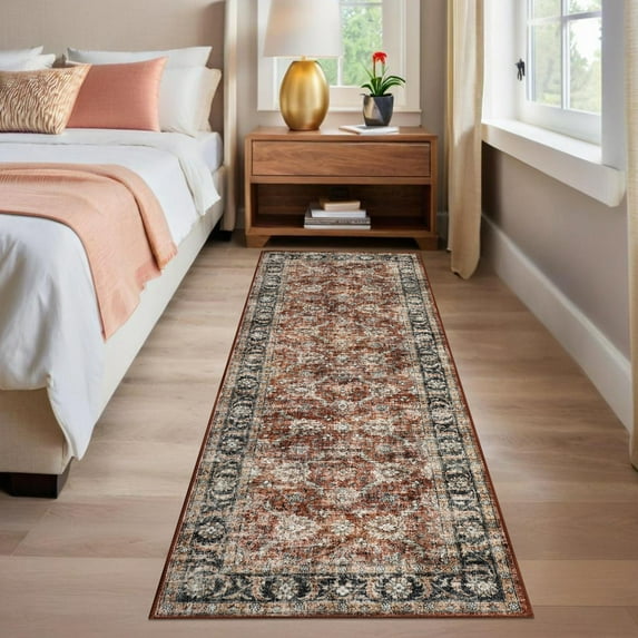 Haperlare 2'x6' Vintage Floral Runner Rug Soft Oriental Carpet, Washable Rug Non Slip TPR Backing Low Pile Rugs for Hallway Entryway Bedroom Playroom, Red