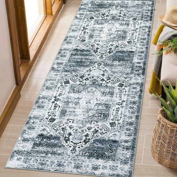 Haperlare 2'x6' Vintage Oriental Runner Rug Floral Printed Carpet, Non-Slip Machine Washable Rug Low Pile Indoor Rug for Hallway Bedroom Home Office Decor, Gray
