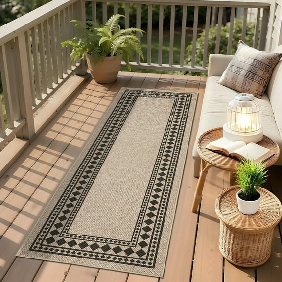 Haperlare 2'x6' Washable Easy Jute Rugs Modern Bordered Carpet, Geometric Indoor Outdoor Rug Non Slip Low Pile Floor Mat for Living Room Bedroom Patio, Black White