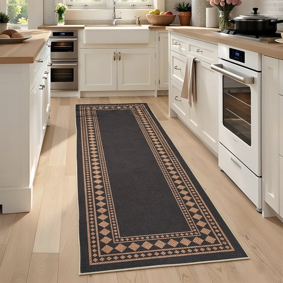 Haperlare 2'x6' Washable Easy Jute Rugs Modern Bordered Carpet, Geometric Indoor Outdoor Rug Non Slip Low Pile Floor Mat for Living Room Bedroom Patio, Black Coffee
