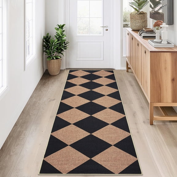 Haperlare 2'x6' Washable Jute Rugs Checkered Carpet, Non Slip Low Pile Rug Contemporary Indoor Outdoor Floor Mats for Hallway Bedroom Backyard, Black Coffee
