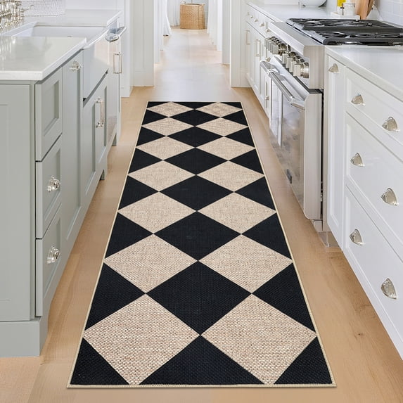 Haperlare 2'x6' Washable Jute Rugs Checkered Carpet, Non Slip Low Pile Rug Contemporary Indoor Outdoor Floor Mats for Hallway Bedroom Backyard, Black White