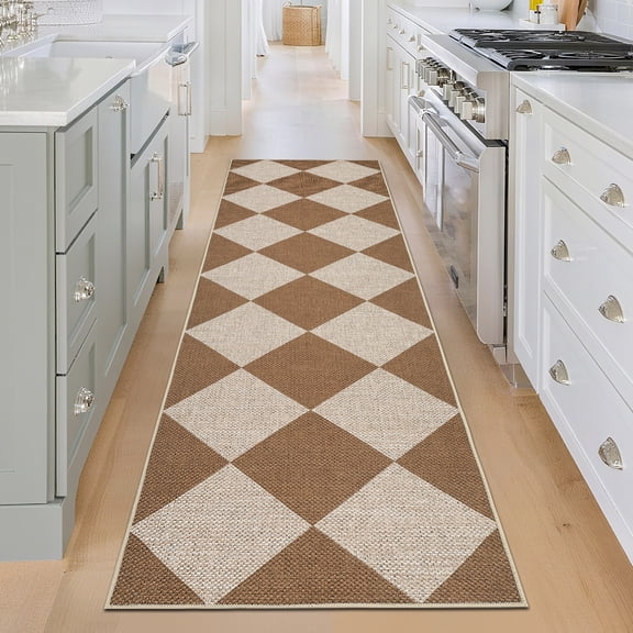Haperlare 2'x6' Washable Jute Rugs Checkered Carpet, Non Slip Low Pile Rug Contemporary Indoor Outdoor Floor Mats for Hallway Bedroom Backyard, Coffee