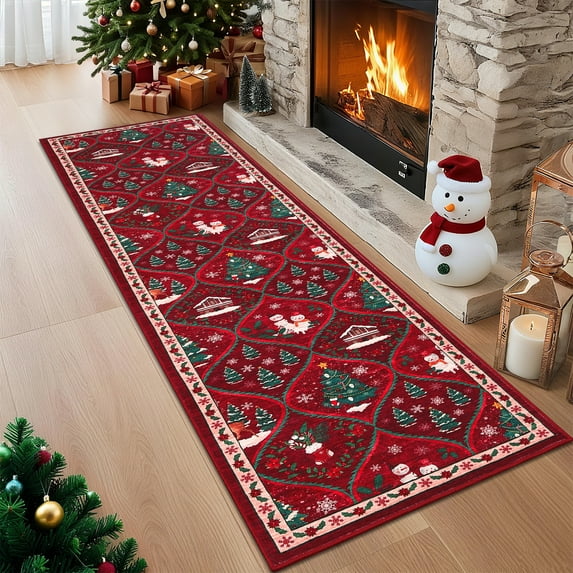 Haperlare 2'x8' Christmas Runner Rugs Washable Rug Christmas Tree Decorative Accent Carpet, Soft Non-Slip Low Pile Indoor Floor Mat for Hallway Bedroom Kitchen, Red