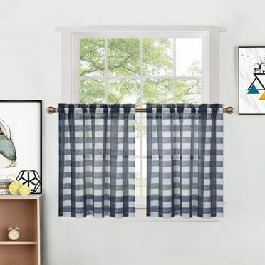 Haperlare 26"Wx24"L Navy Blue Checkered Bathroom Sheer Curtains Buffalo Plaid Light Filtering Kitchen Small Curtains for Cafe Living Room, Blue and White, Set of 2