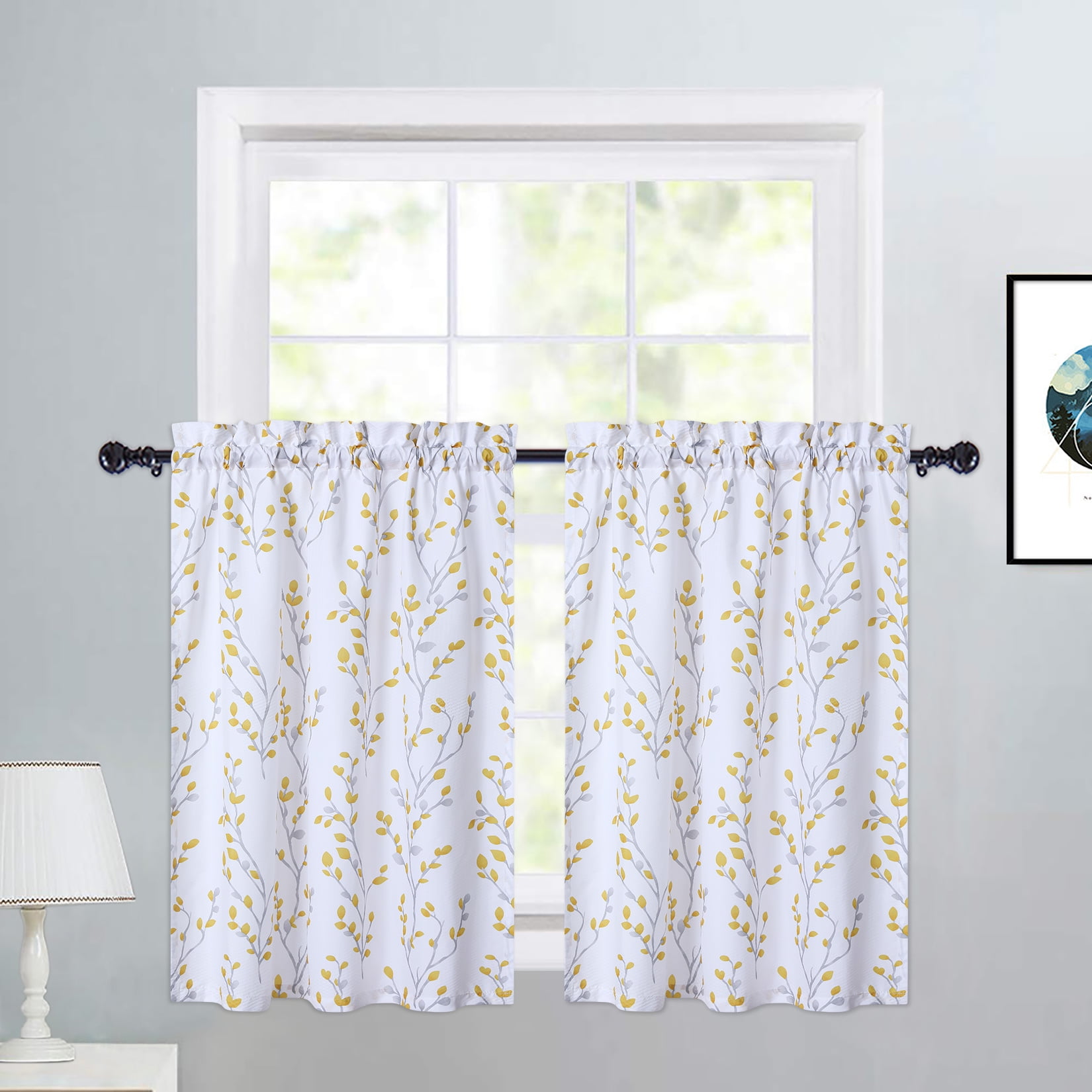 Haperlare Yellow Kitchen Curtains, 27"Wx30"L, Leaf Floral, Farmhouse Style, Light Filtering, Set ...