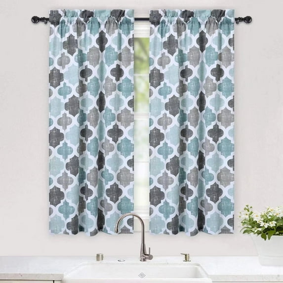 Haperlare 28"W x 45"L Kitchen Curtains Moroccan Printed Cotton Blend Blackout Tier Curtain for Cafe Bathroom, Teal/Gray, Set of 2