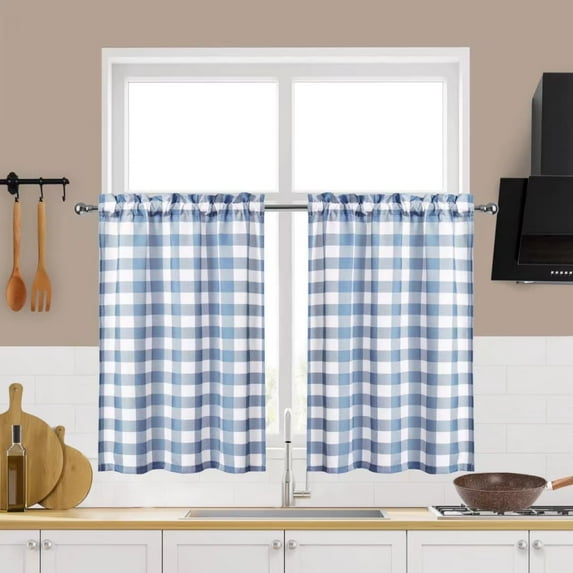 Haperlare Light Blue Buffalo Plaid Tier Curtains, 28” x 24” (2 Panels)