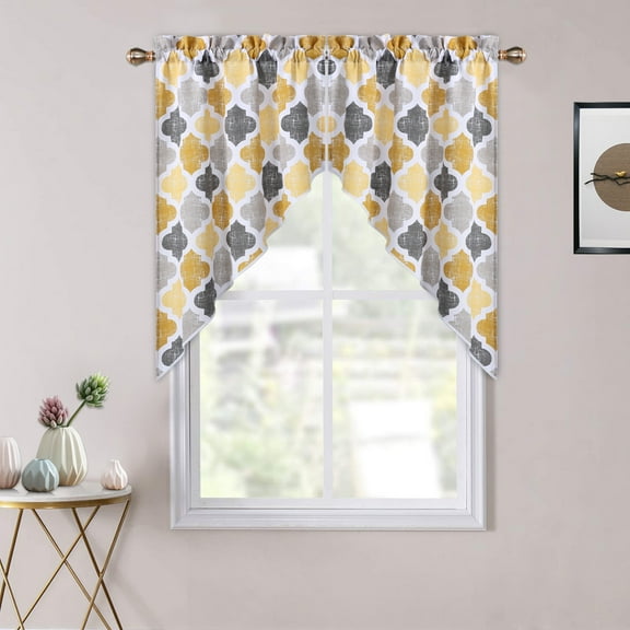 Haperlare 28"Wx36"L Cafe Swag Valances Curtains Geometric Quatrefoil Trellis Printed Light Filtering Kitchen Window Swag Pair Curtain Valances, Yellow/Gray