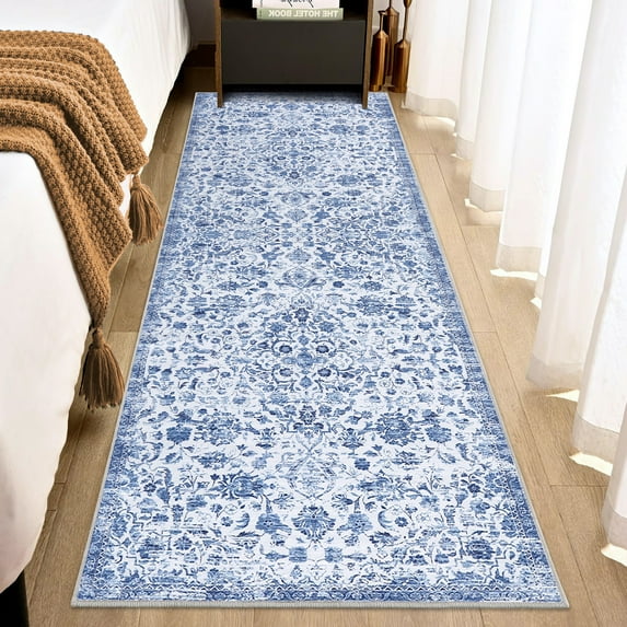 Haperlare 2x6 Vintage Floral Runner Rug Oriental Rug, Soft Washable Rug Non Slip Low Pile Thin Rug Carpet for Bedroom Hallway Living Room, Blue