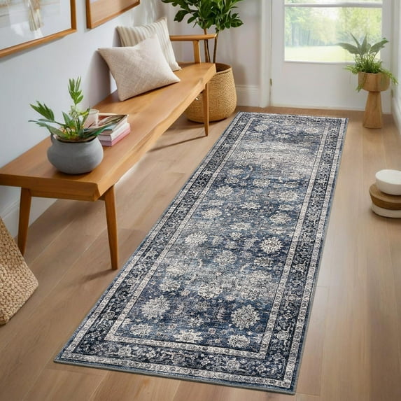 Haperlare 2x6 Vintage Printed Runner Rugs Washable Accent Rugs, Non Slip Stain-Resistant Oriental Floor Carpet Farmhouse Low Pile Rugs for Entryway Bedroom Playroom, Blue