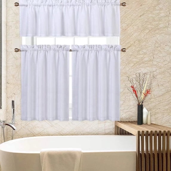 Haperlare 3 Pcs Kitchen Curtain and Valance Set 36 inch Length Waffle Weave Textured Blackout Bathroom Curtains Window Treatment, White