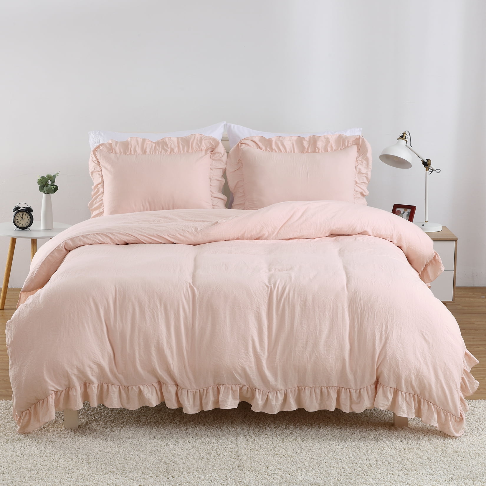 Pink Ruffled Queen Size Microfiber Duvet Cover Set