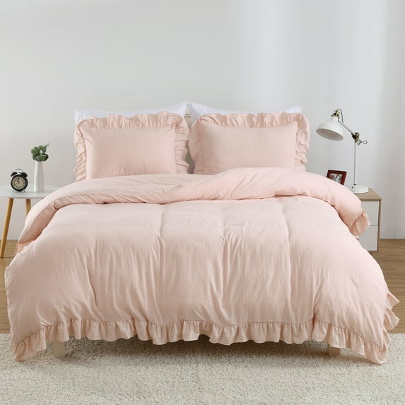 Haperlare 3Pcs Queen Size Pink Ruffle Duvet Cover Soft Washed Microfiber Vintage French Country Duvet Cover Set for Queen Bed, 90x90 in