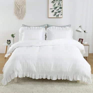 Haperlare 3Pcs Queen Size White Ruffle Duvet Cover Soft Washed Microfiber Vintage French Country Duvet Cover Set for Queen Bed, 90x90 in