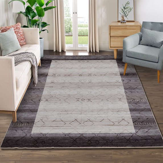 Haperlare 4 x 5.5 Ft Modern Geometric Bordered Rug Indoor Non Slip Contemporary Area Rug Low Pile for Living Room Bedroom Kids Room, Blue/Beige