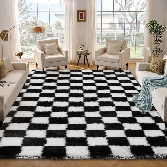 Haperlare 4'x6' Checkered Shag Rug Fluffy Area Rug Carpet, Non-Slip Non-Shedding Indoor Rug Fuzzy Shaggy Floor Mats for Living Room Bedroom Dining Room, Black