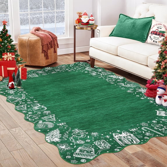 Haperlare 4'x6' Christmas Scalloped Rug Xmas Holiday Carpet, Washable Rug with Non Slip TPR Backing Low Pile Floor Cover for Living Room Bedroom Home Decor, Green