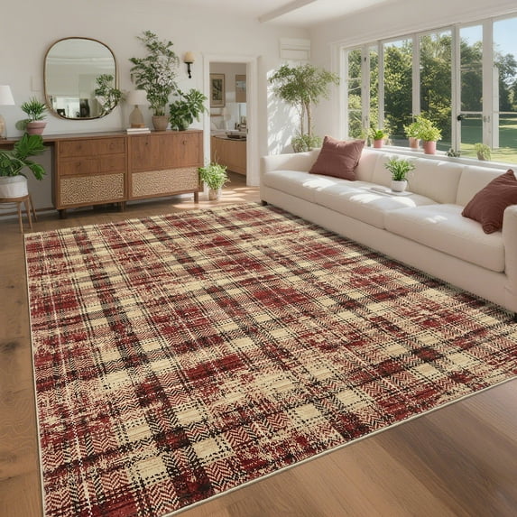 Haperlare 4'x6' Modern Plaid Area Rug Washable Rugs, Non Slip Ultra Soft Rug Stain Resistant Farmhouse Rug Carpet for Living Room Bedroom Dining Room, Red