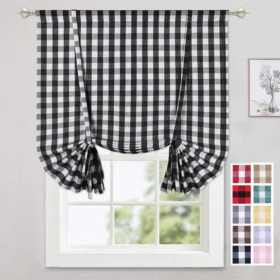 Haperlare 42"W x 63"L Tie Up Shades Buffalo Checkered Farmhouse Curtain Light Filtering Adjustable Tie Up Curtains for Kitchen, Black, 1 Panel