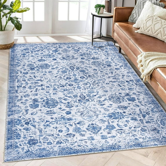 Haperlare 4x6 Vintage Floral Area Rug Oriental Rug, Soft Washable Rug Non Slip Low Pile Thin Rug Carpet for Living Room Bedroom Home Decor, Blue