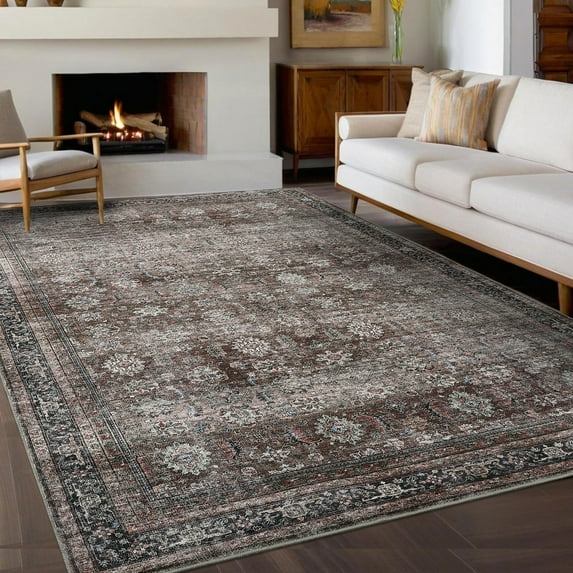 Haperlare 4x6 Vintage Printed Area Rugs Washable Accent Rugs, Non Slip Stain-Resistant Oriental Floor Carpet Farmhouse Low Pile Rugs for Living Room Bedroom Office, Brown
