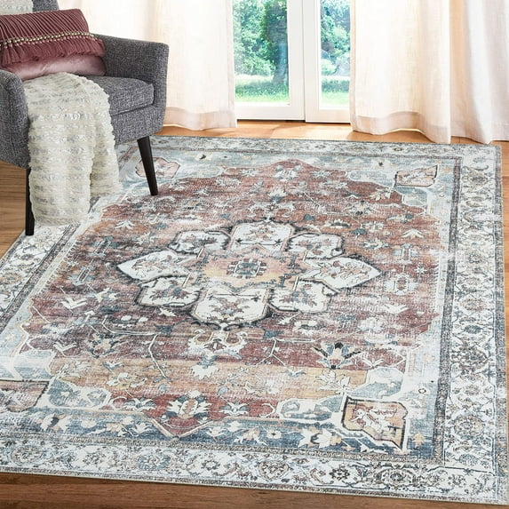 Haperlare 5 x 7 Boho Rug Vintage Medallion Distressed Rug Oriental Floral Printed Rug Chenille Soft Floor Cover for Living Room Bedroom Low Pile Washable Rug Foldable Thin
