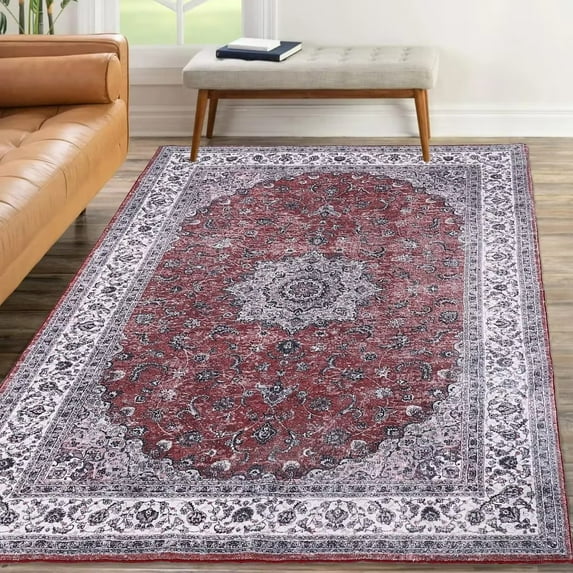 Haperlare 5' x 7' Persian Area Rugs Stain Washable Area Rug Non-Shedding Low-Pile Distressed Rug for Living Room Bedroom Home Office, Brick Red