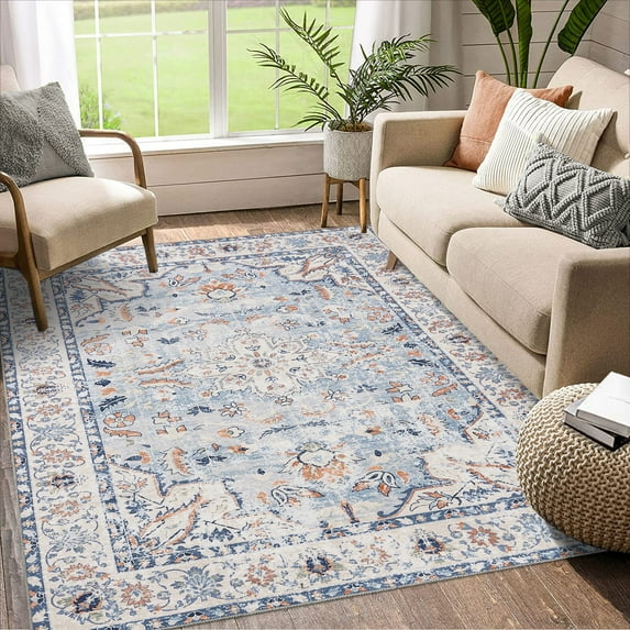 Haperlare 5 x 7 Vintage Bohemian Distressed Rug Oriental Floral Printed Rug Boho Chenille Soft Floor Cover for Living Room Bedroom Non-Slip Low Pile Rug, Blue/Beige