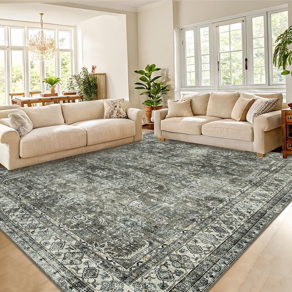 Haperlare 5'x7' Area Rug Vintage Washable Rug for Living Room, Non-Slip Non-Shedding Distressed Floral Print Indoor Rugs Carpet for Bedroom Home Office, Brown Green