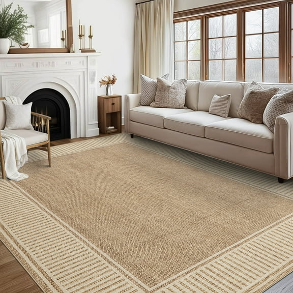 Haperlare 5'x7' Area Rug Washable Modern Bordered Rugs, Foldable Contemporary Striped Indoor Carpet Low Pile Stain Resistant Rugs for Living Room Bedroom Dining Room Home Office, Linen